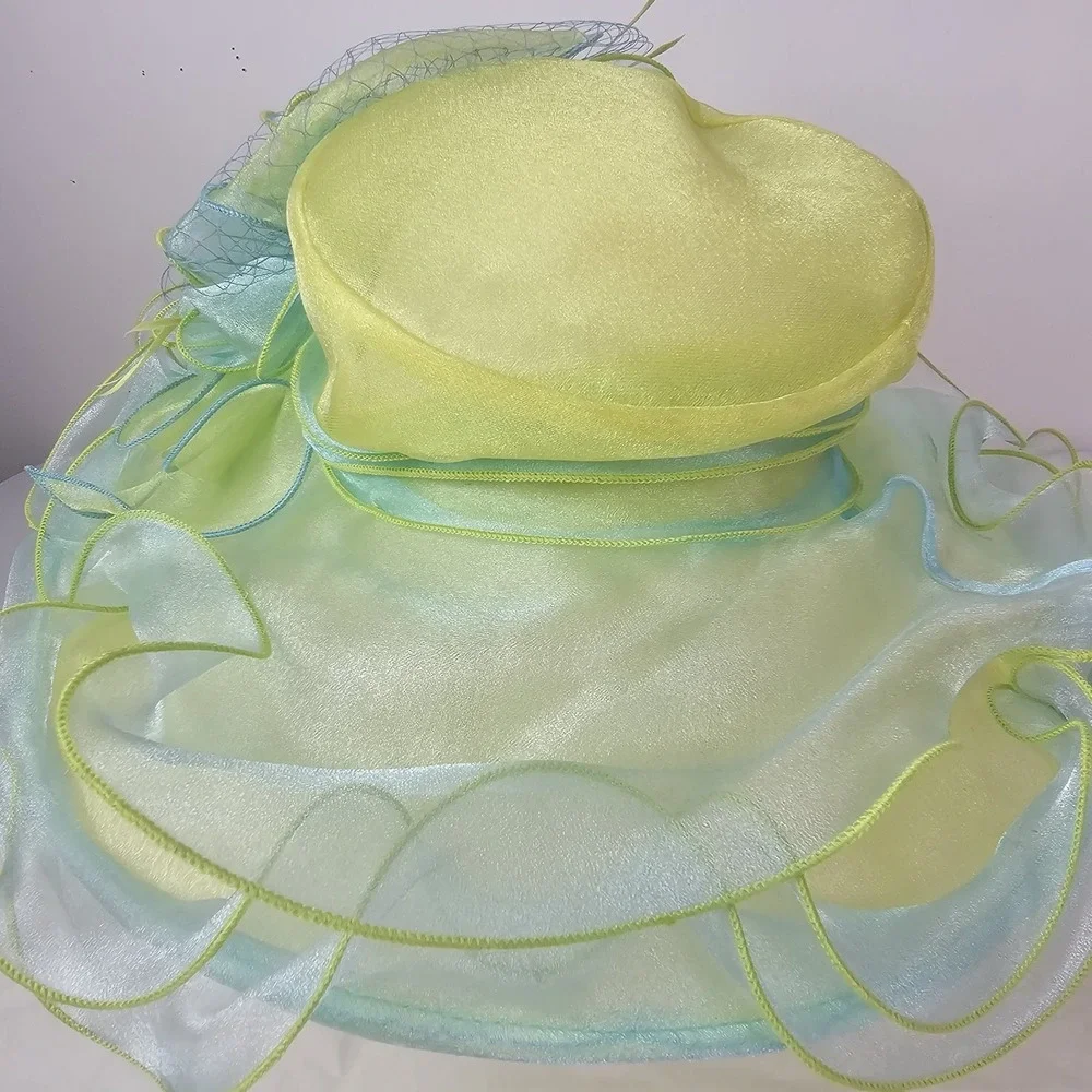 Forbusite Hat Womens Yellow Green Derby Church Easter Wide Brim Tea Garden Party